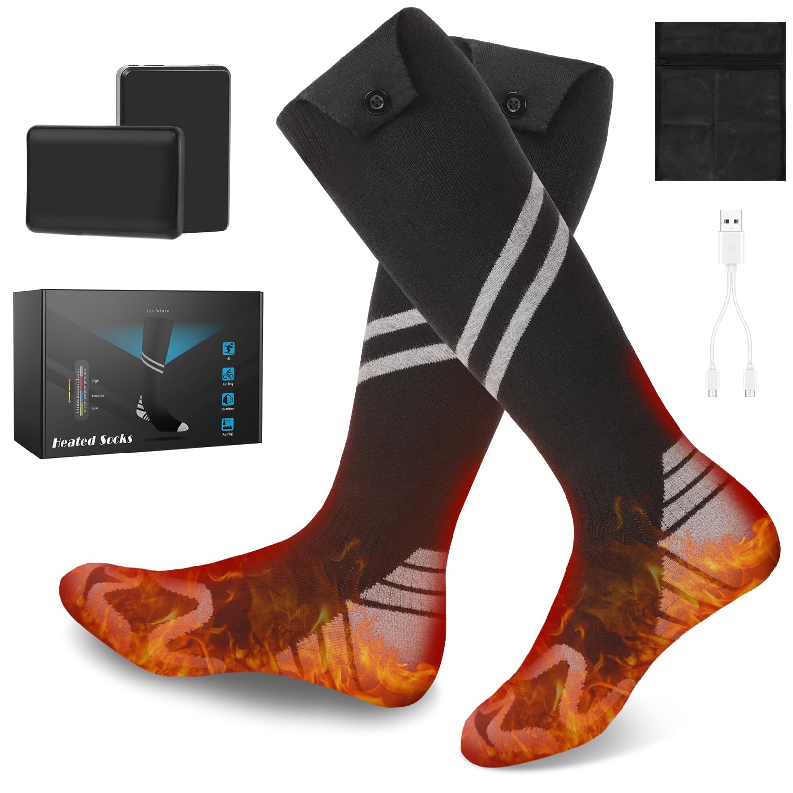 KOMPMP heated socks top-view showing even foot warmth for winter outdoor activities