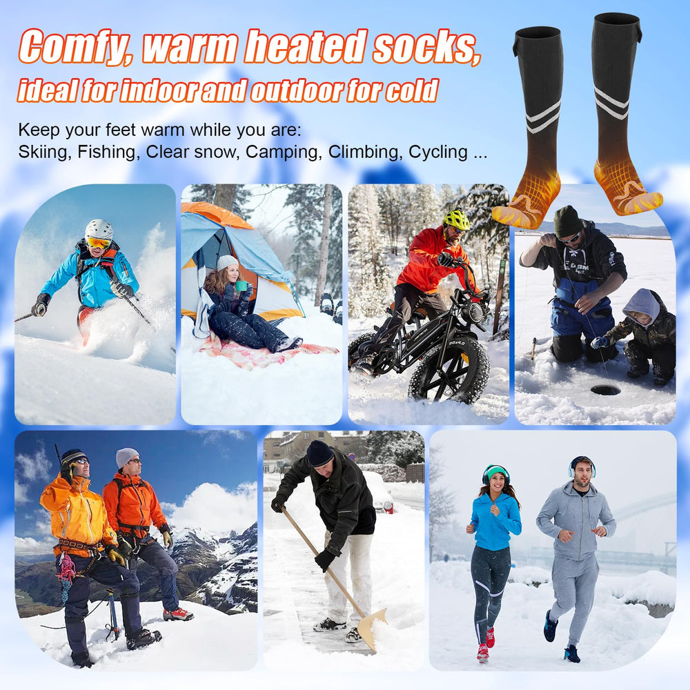 KOMPMP heated socks worn in winter activities with visible warmth