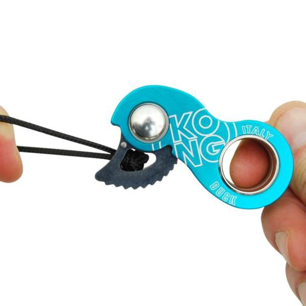 Kong Italy Duck Rope Clamp cyan in-use on a rope line for rescue practice.