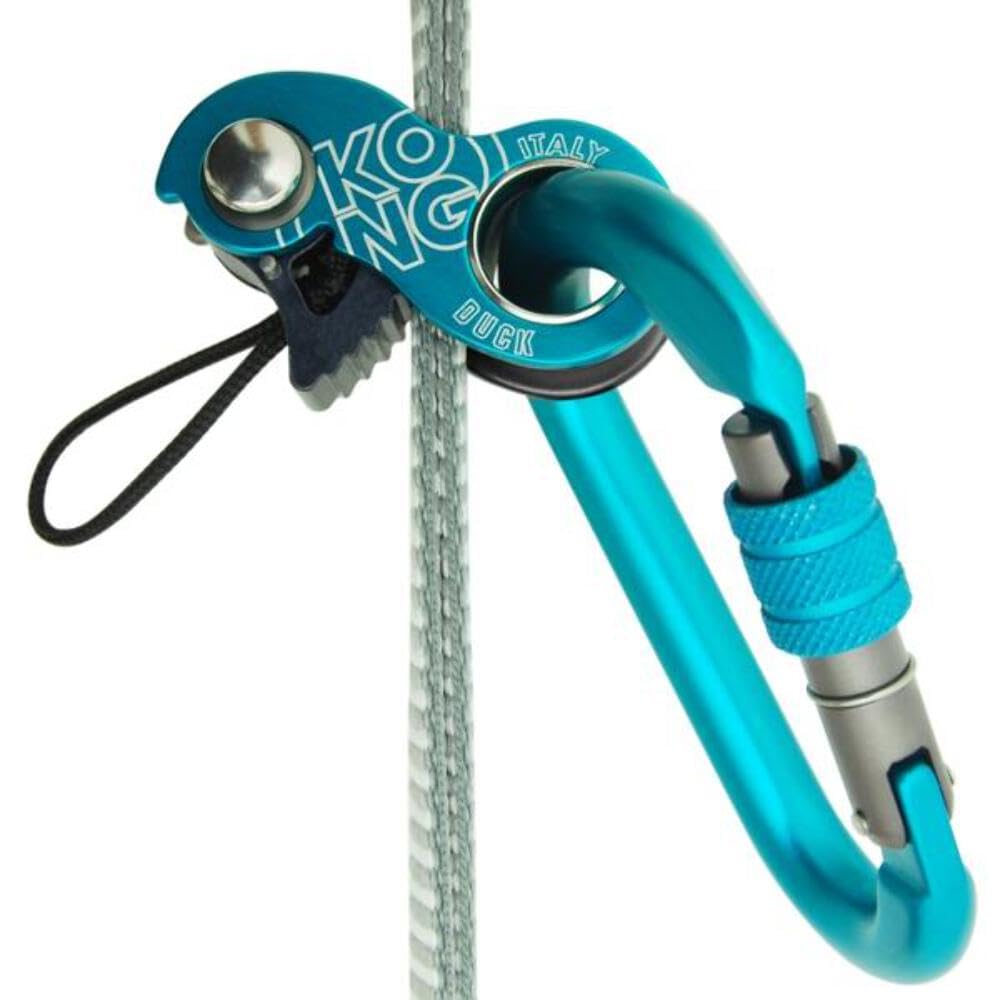 Kong Italy Duck Rope Clamp cyan for emergency ascender use in rescue scenarios.