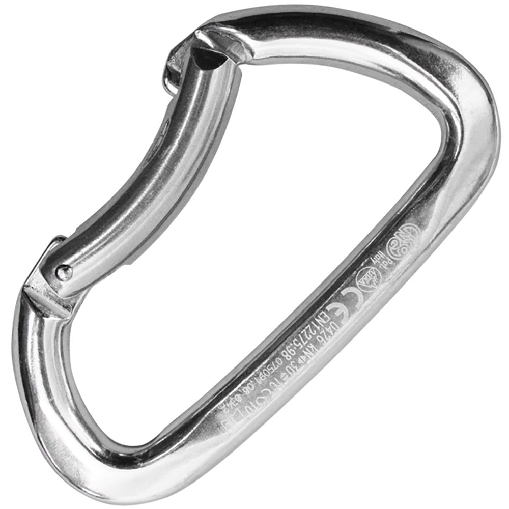 Kong Italy Guide Bent Gate Polished carabiner for sport climbing with smooth rope passage.
