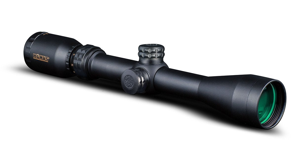 Konus KONUSpro 275 muzzle loading scope front view emphasizes waterproof durability for rugged field use.