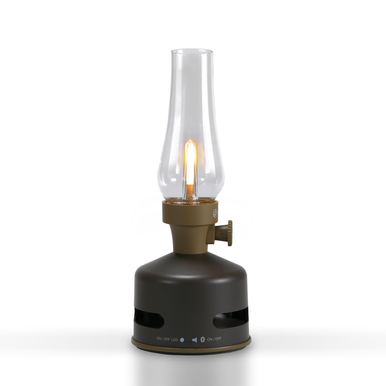 KOOKOO MoriMori lamp with loudspeaker in choco-brown on a wooden patio