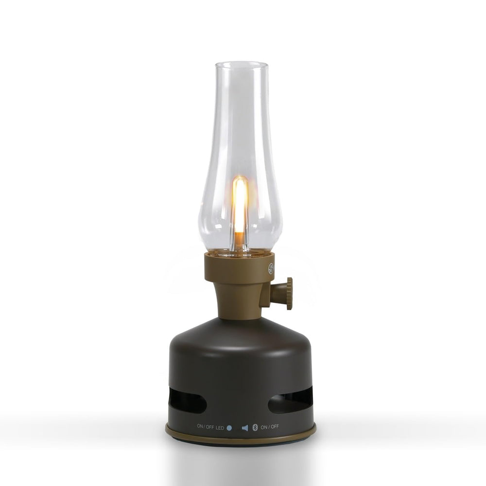 KOOKOO MoriMori lamp with loudspeaker in choco-brown on a wooden patio