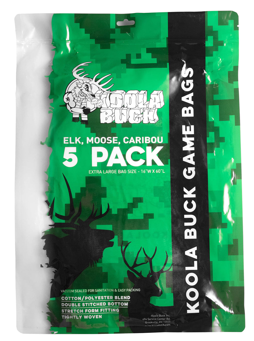Koola Buck elk game bags show breathable fabric for fresher meat during transport.