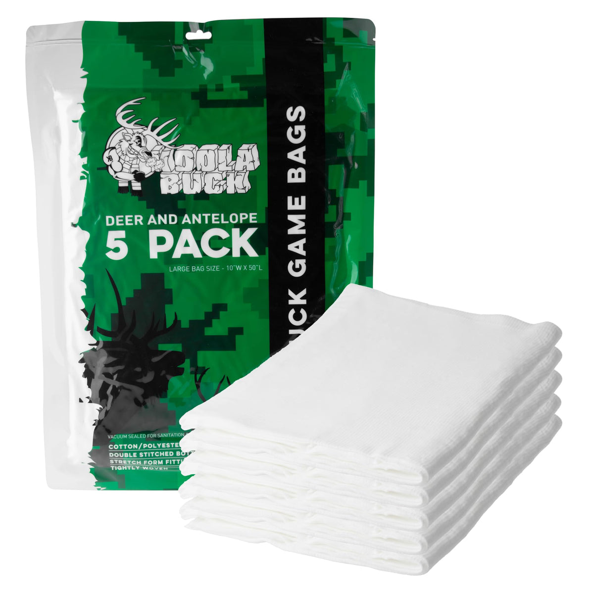 Koola Buck game bags 5-pack front view, compact for easy packing on hunting trips.