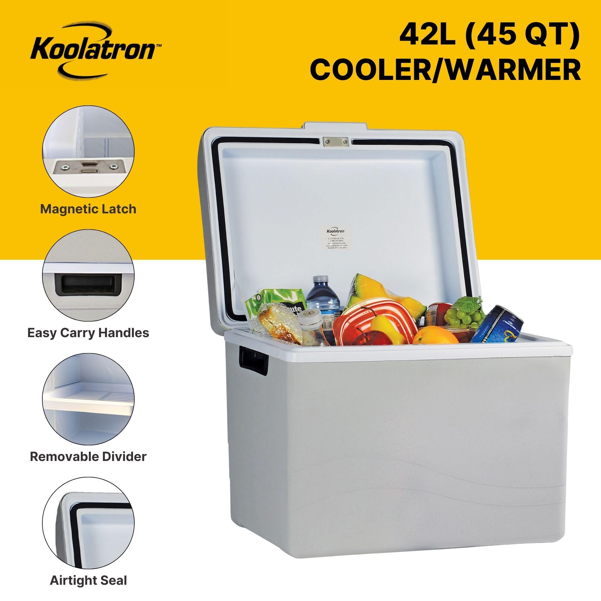 Koolatron 12V iceless cooler in car setup for portable cooling on the go