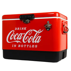Koolatron Coca-Cola Ice Chest logo on retro cooler, ideal for tailgates