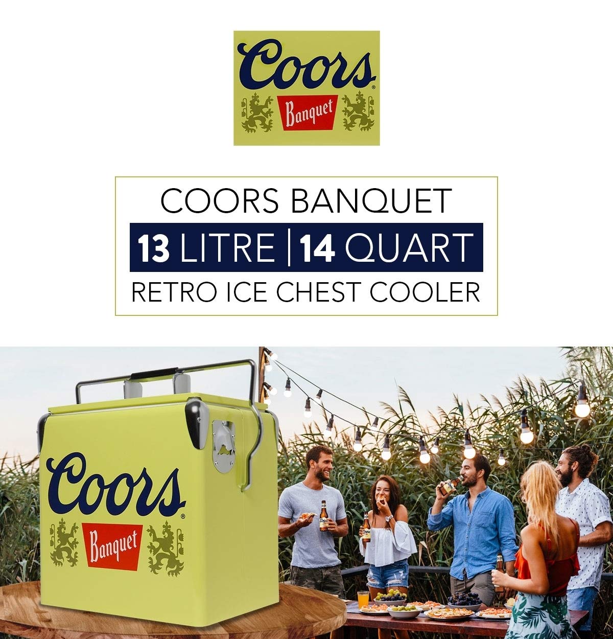 Koolatron Coors Banquet retro ice chest swing-lock handle preserves cold air.