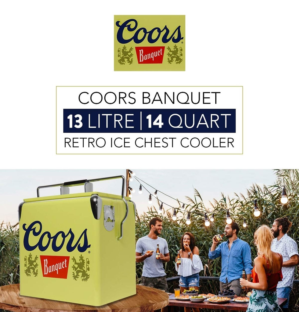 Koolatron Coors Banquet retro ice chest swing-lock handle preserves cold air.