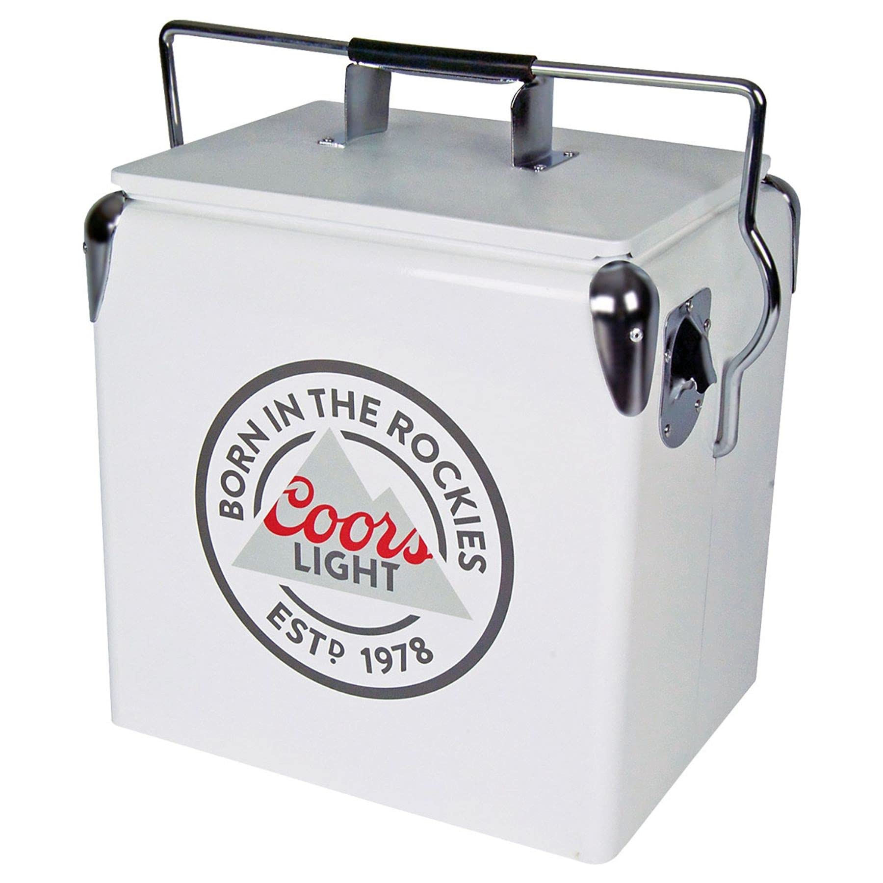 Koolatron Coors Light ice chest exterior in white with retro styling for outdoor use