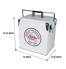 Koolatron Coors Light cooler with rust-resistant steel-belted exterior for travel.