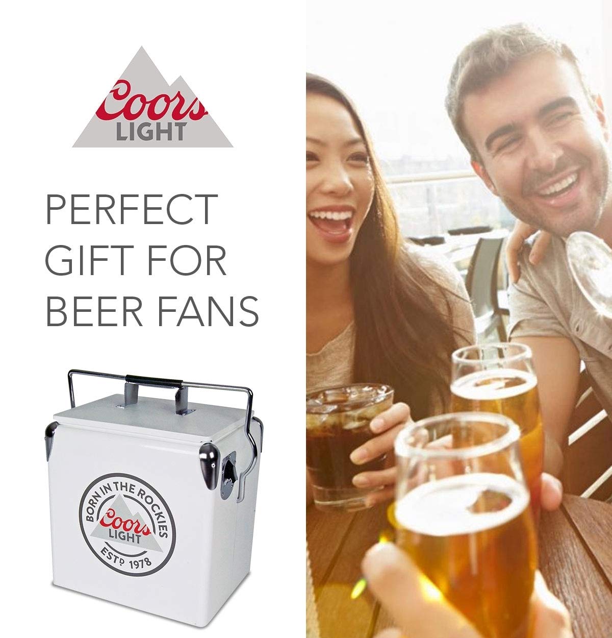 Koolatron Coors Light cooler showing spacious interior for drinks and snacks.