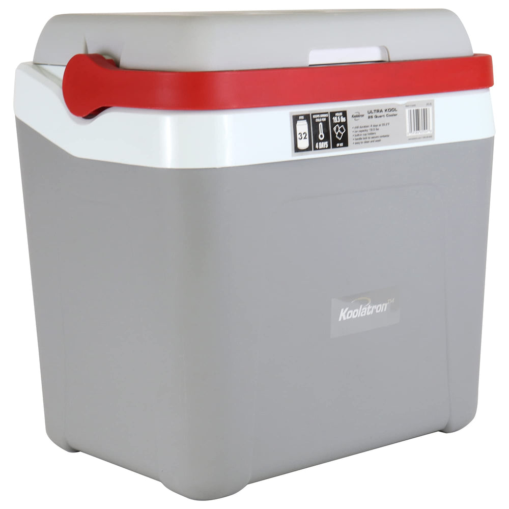 Koolatron Ice Chest Cooler with locking handle for secure camping trips.