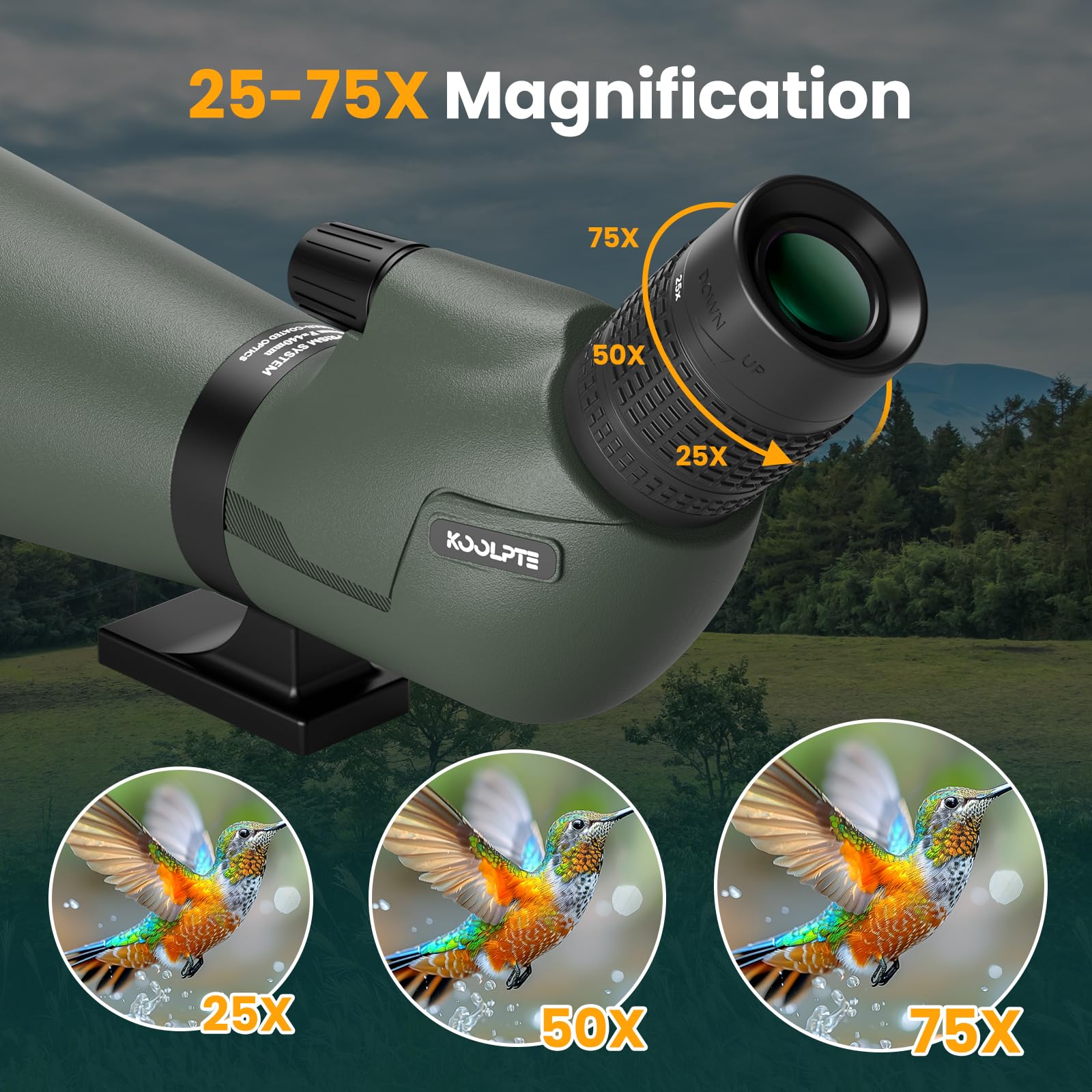 Koolpte waterproof body protects optics in rain and mist.