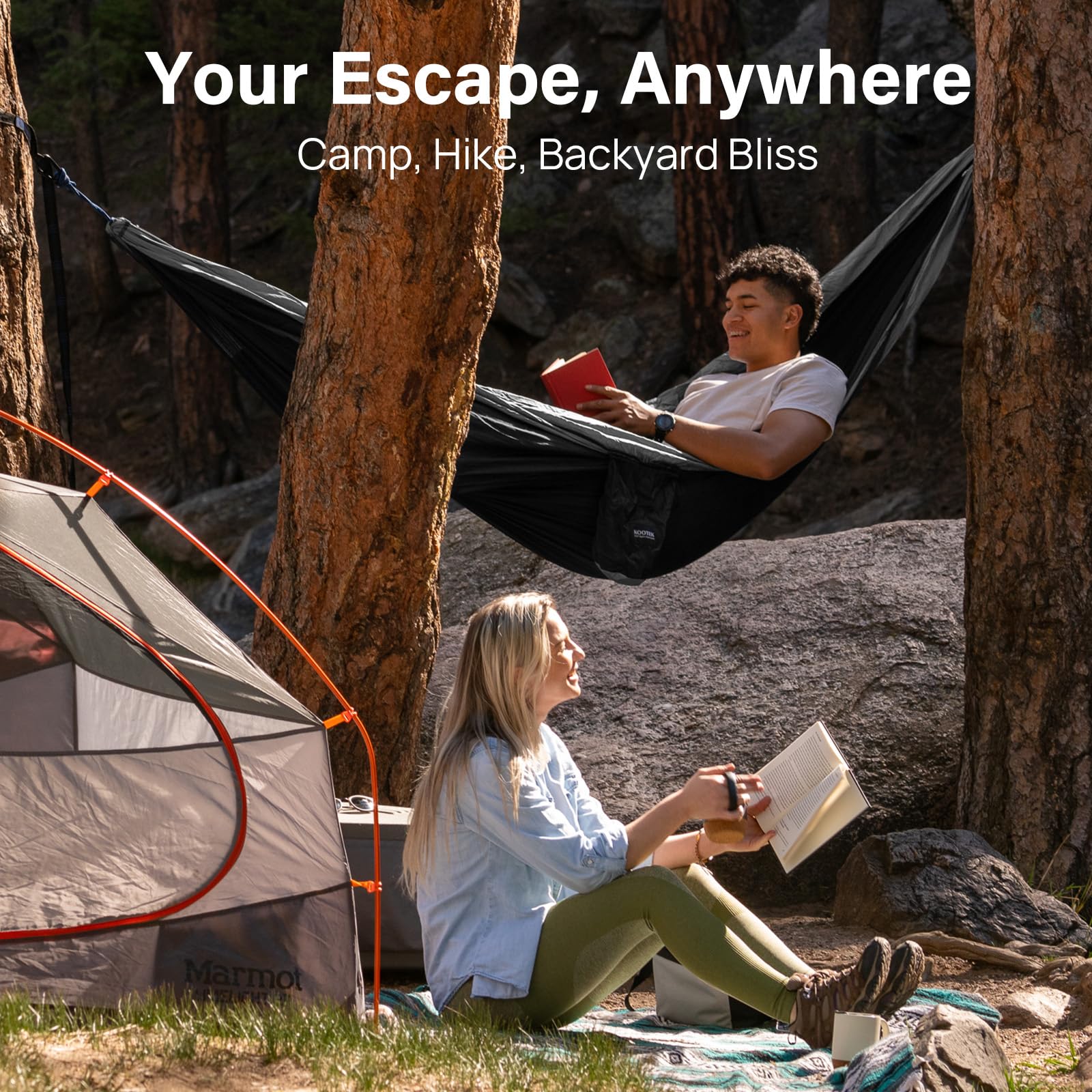 Kootek camping hammock-carry-bag demonstrates attached bag for easy transport.