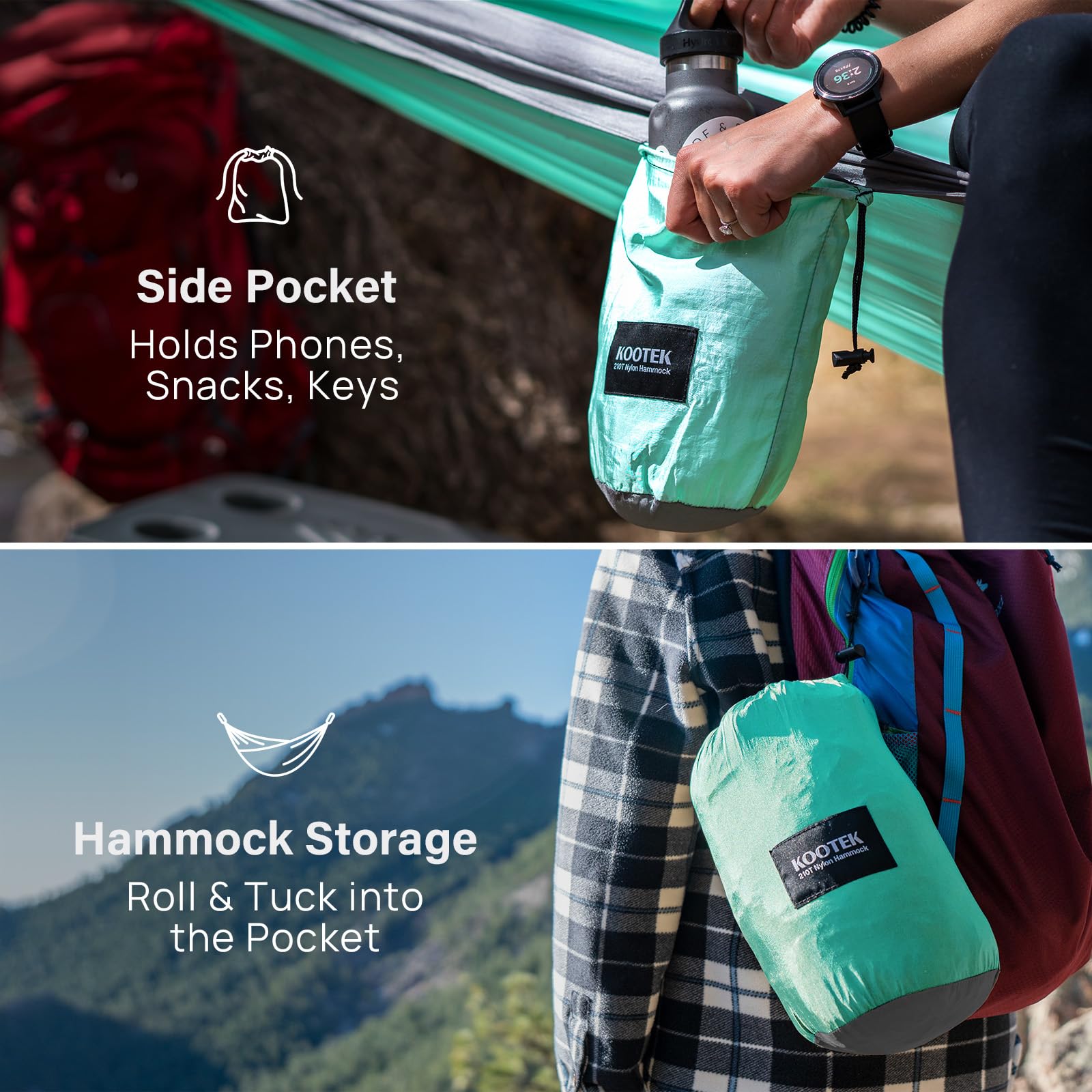 Kootek camping hammock folded-compact demonstrates portability for travel