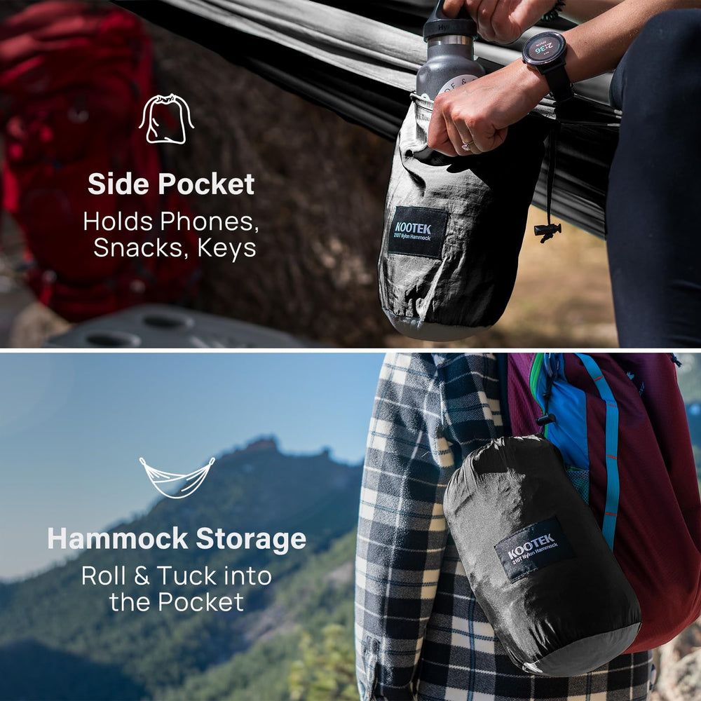 Kootek camping hammock-nylon-closeup highlights durable parachute nylon material.