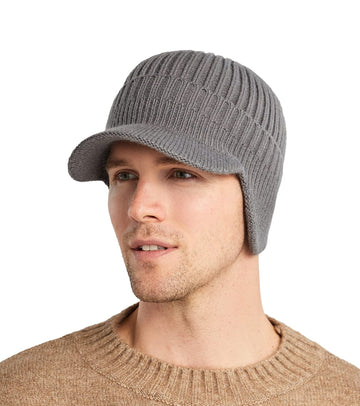 Koreshion men's winter visor beanie with earflaps in grey, front view