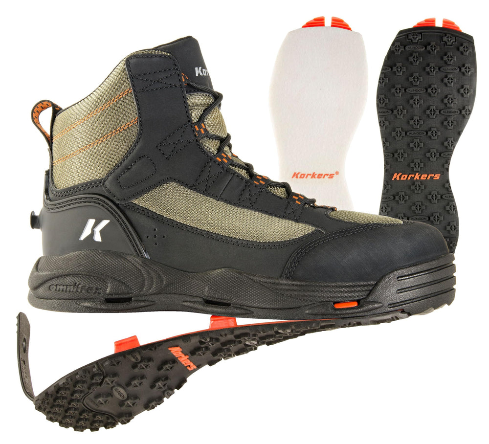 Korkers Greenback interchangeable soles enable on-the-fly traction changes.