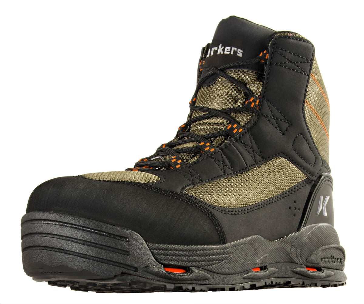 Korkers Greenback traction system provides secure grip on slick river rocks.