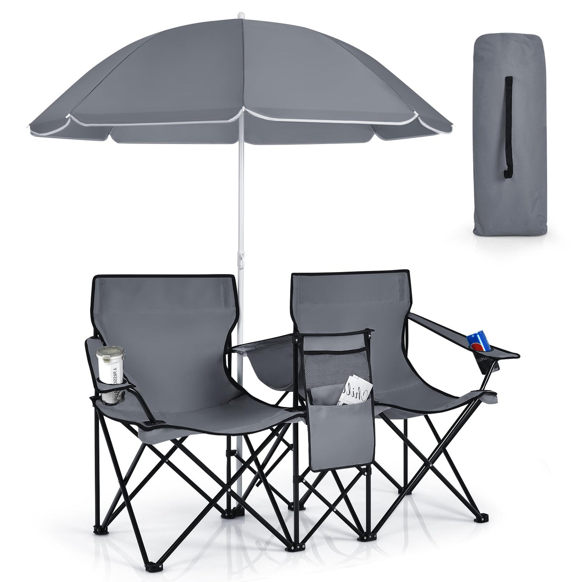 KOTEK double camping chair with sunshade extended for shaded comfort.