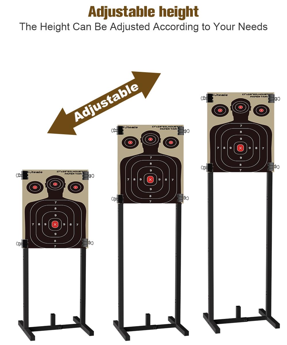 Koutemie target stand width adjustment shown for accommodating different paper targets