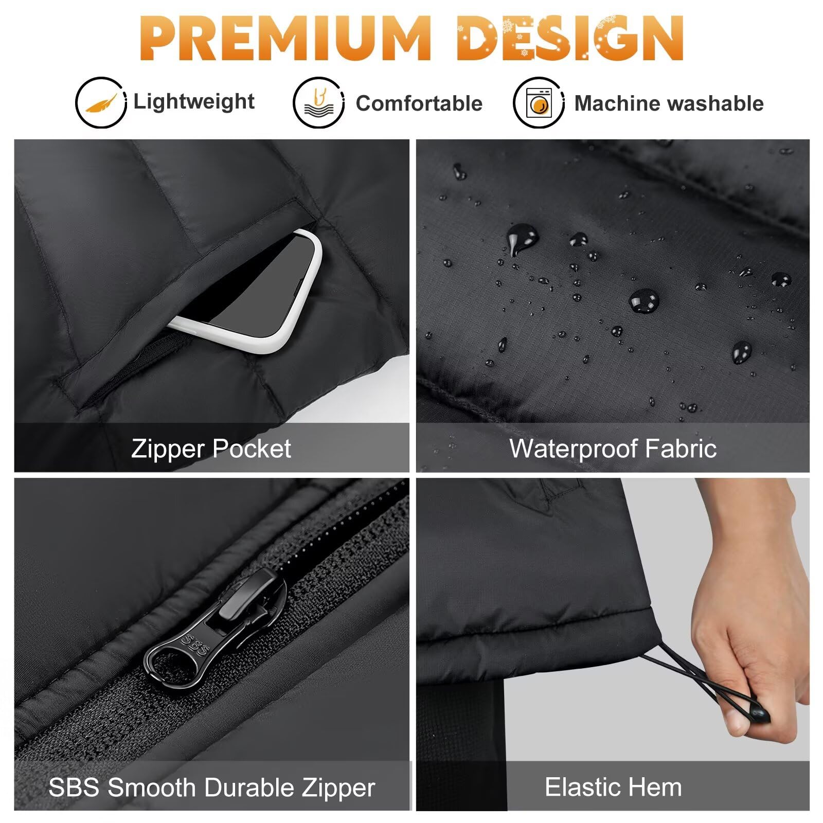 KOVNLO heated vest water-resistant fabric keeps you comfortable in light rain.
