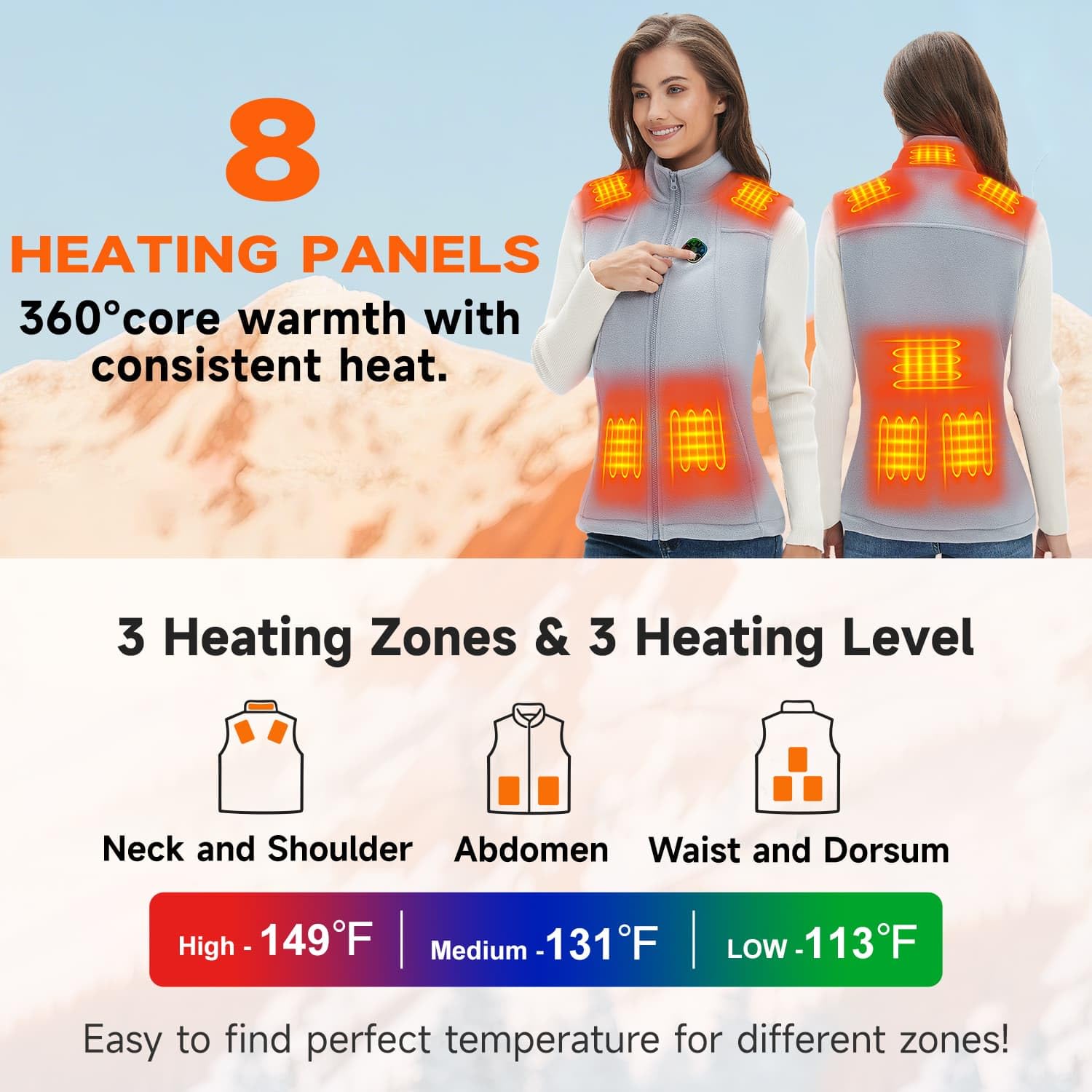 KOVNLO heated vest women heating zones close-up shows eight zones for even heat.