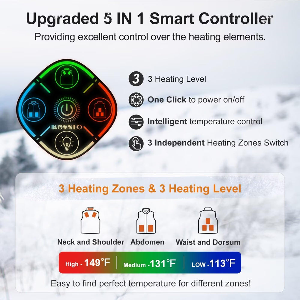 KOVNLO heated vest women smart-controller close up shows lights-out design