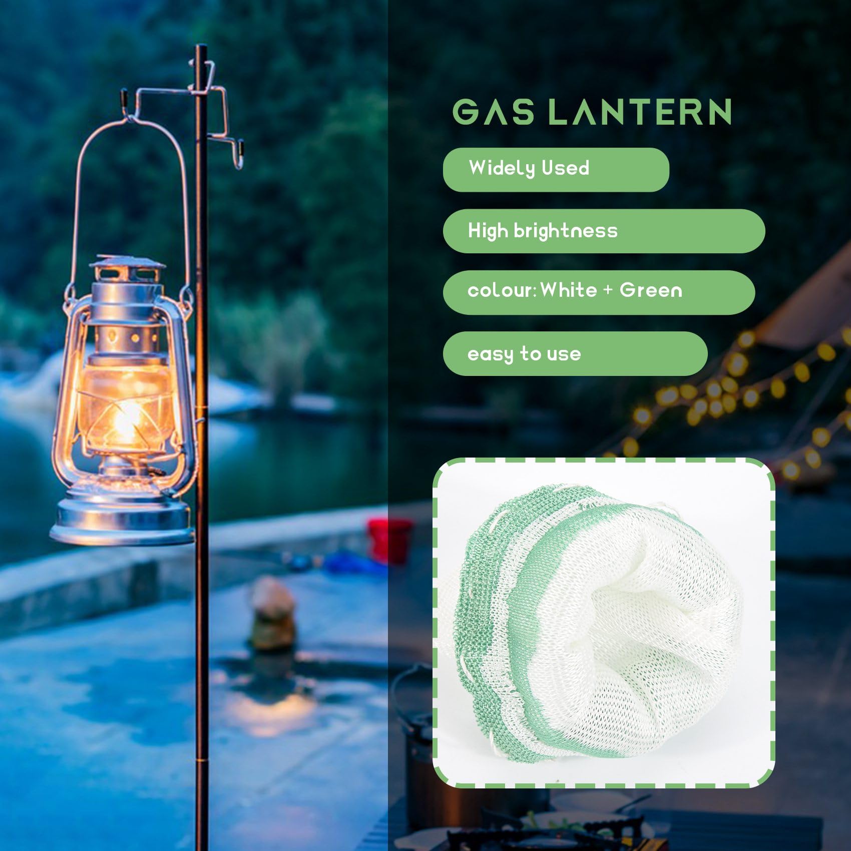Color palette white and green blends with natural lantern aesthetics.