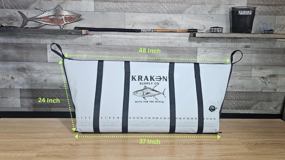 KRAKEN SUPPLY CO 48x24 fish kill bag rear view demonstrates rugged storage and easy handling