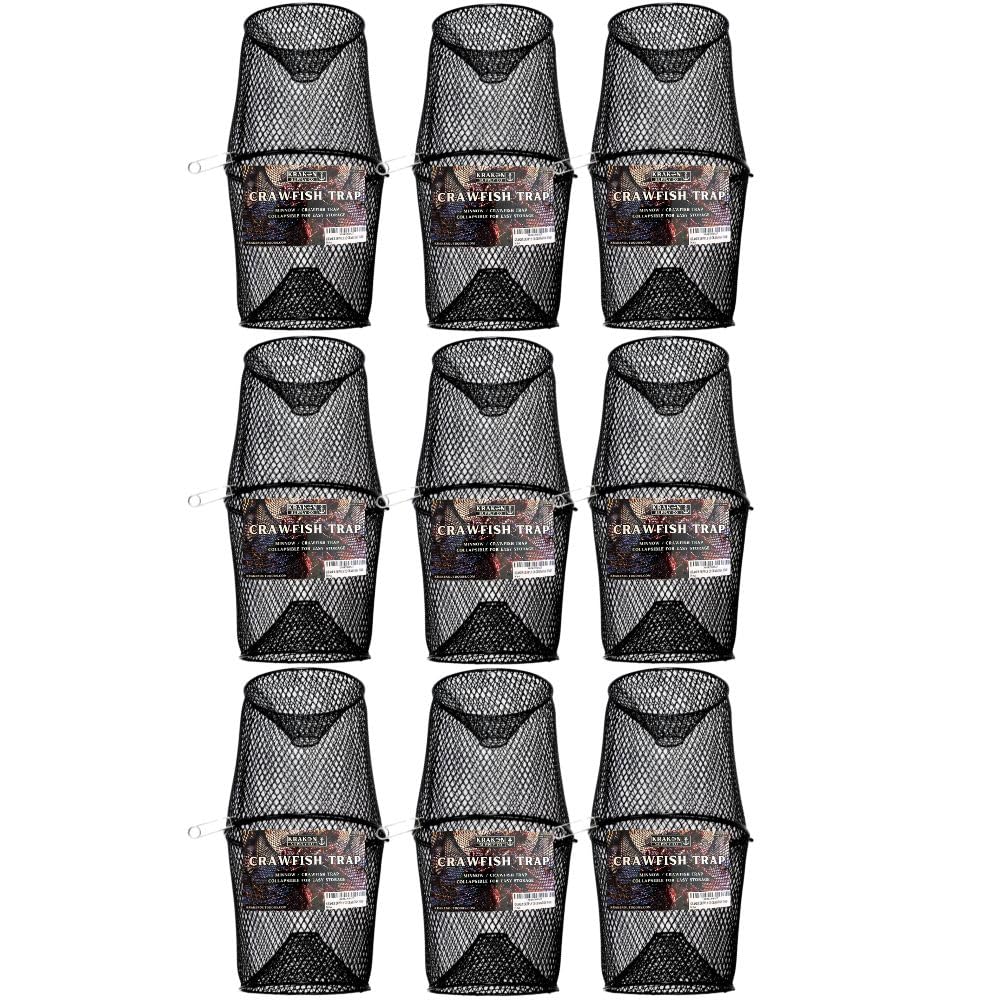 Kraken Supply Co Crawfish Minnow Trap front view shows durable steel mesh for easy baiting and retrieval.