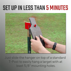 KRATE Tactical Patriotic Elephant T-Post Hanger with AR500 target shows hits with audible feedback for training