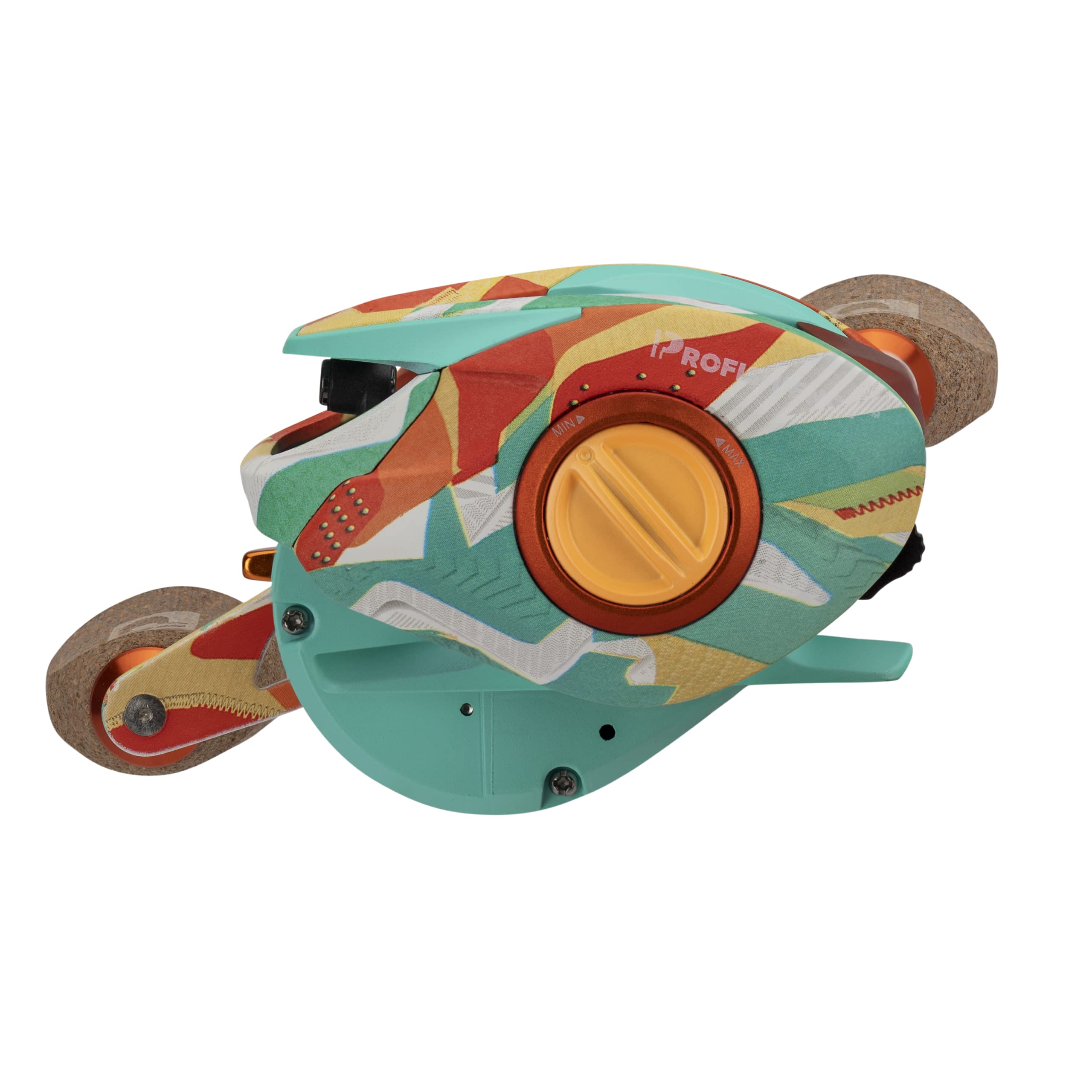 Carbon fiber drag system and carbon handle with premium cork knobs on Krazy Baitcast Reel