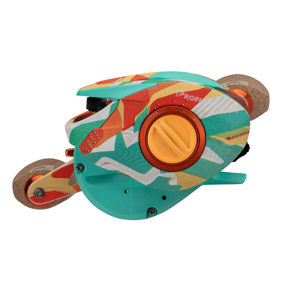 Carbon fiber drag system and carbon handle with premium cork knobs on Krazy Baitcast Reel