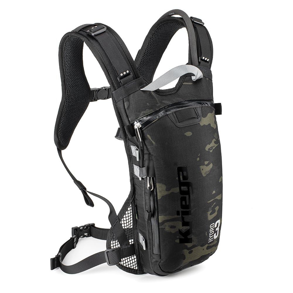 Kriega Hydro-3 front view shows ergonomic harness and accessible pocket for rides