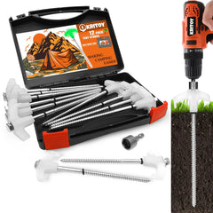KriToy 12-pack tent stakes 8-inch in use keeping a tent secure on grass and soil.