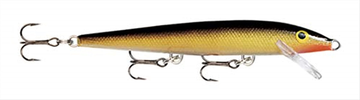 Krokodil Rapala Original Floater 13 Gold Firetiger front-view shows wounded-minnow profile for topwater action.