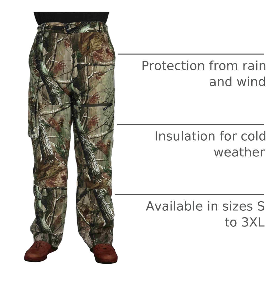 Krumba camo pants with zip fly closure for quick on-off