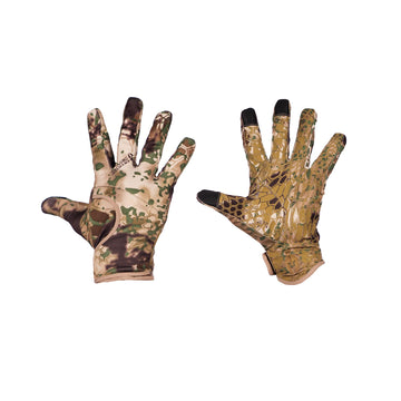Kryptek Krypton cool weather hunting glove demonstrates touchscreen compatibility for quick field access.