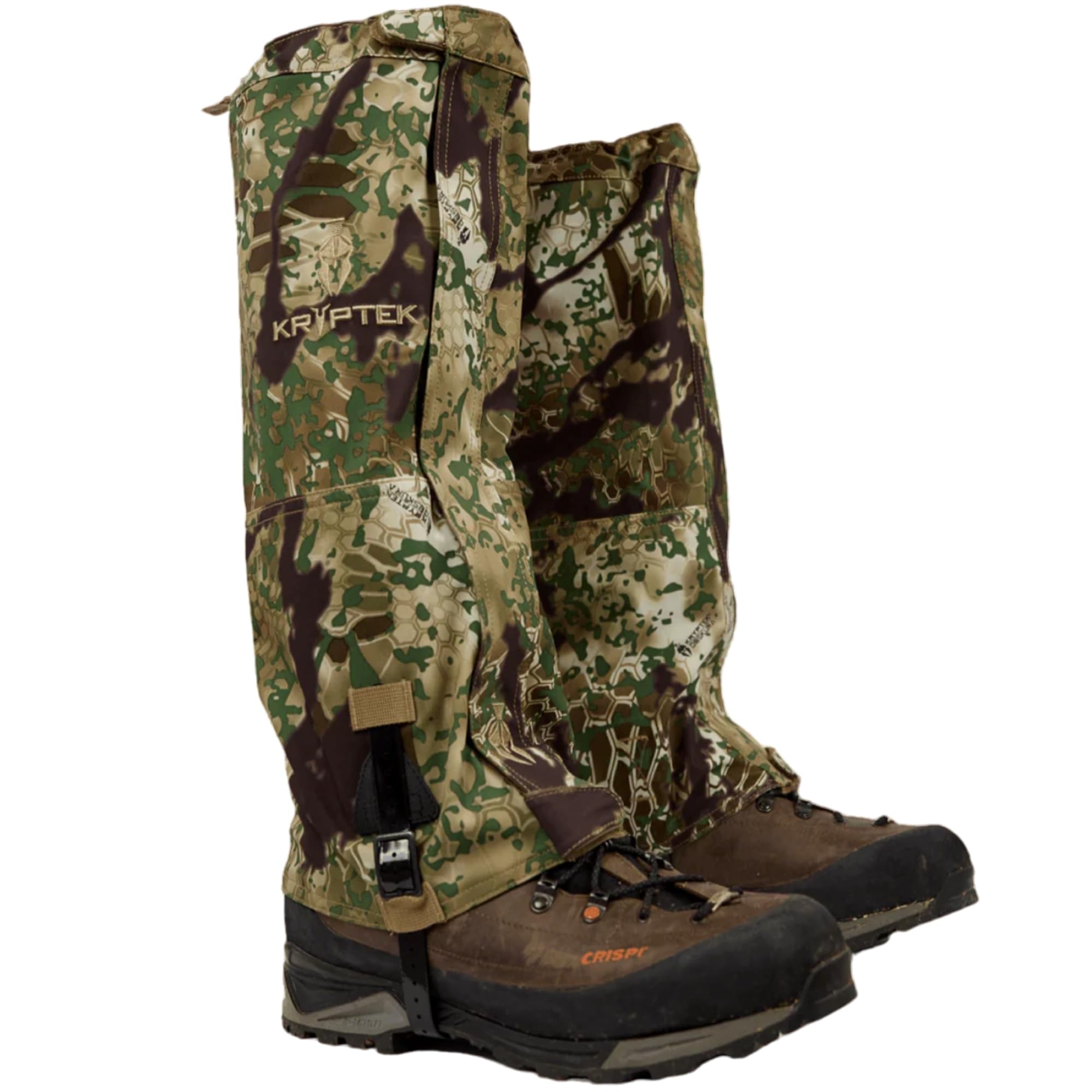 Close-up of Kryptek Petra II Gaiter Obskura fabric showing 86% polyester 14% spandex blend