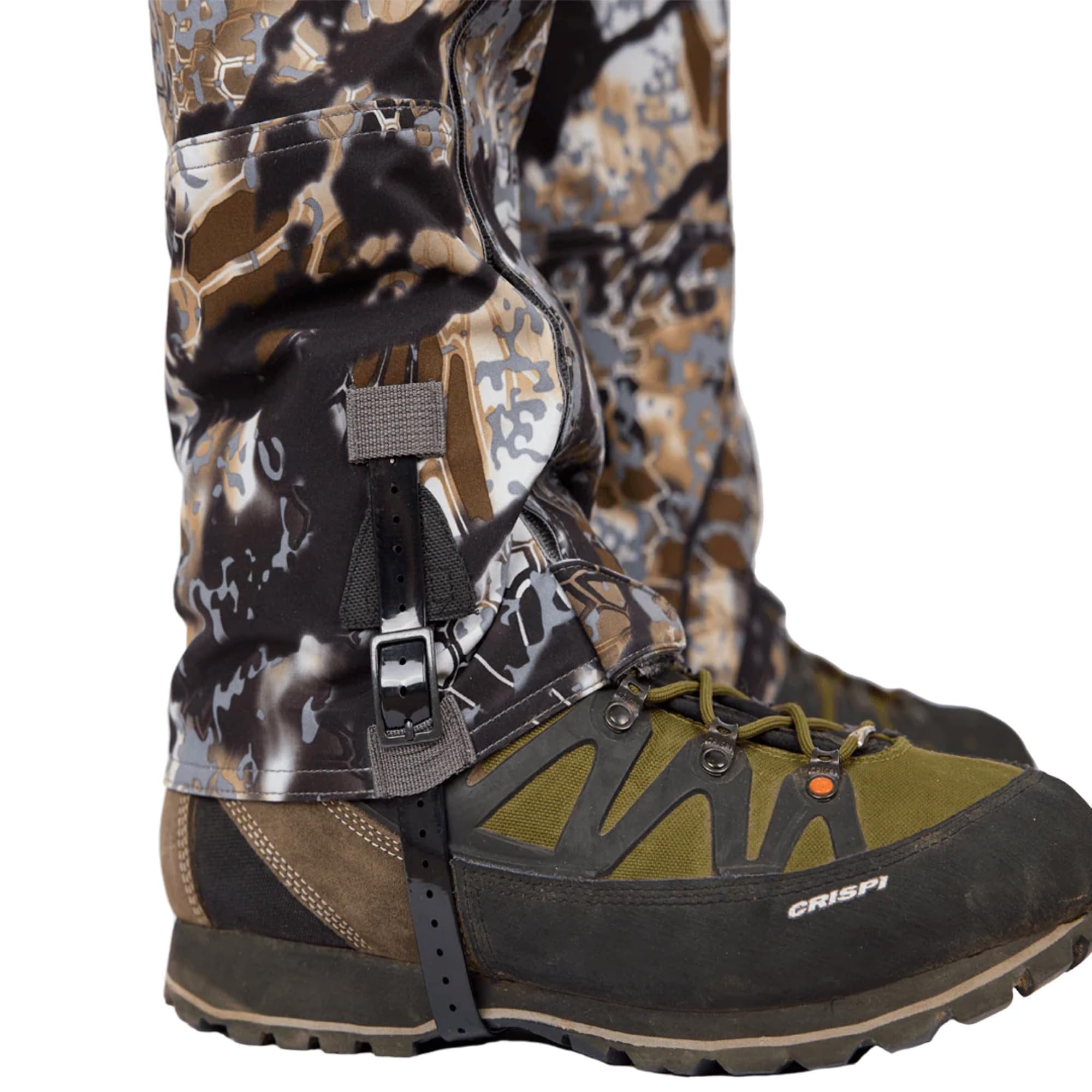 Kryptek Petra II Gaiter Skyfall heel closure demonstrating secure fit on rugged boots