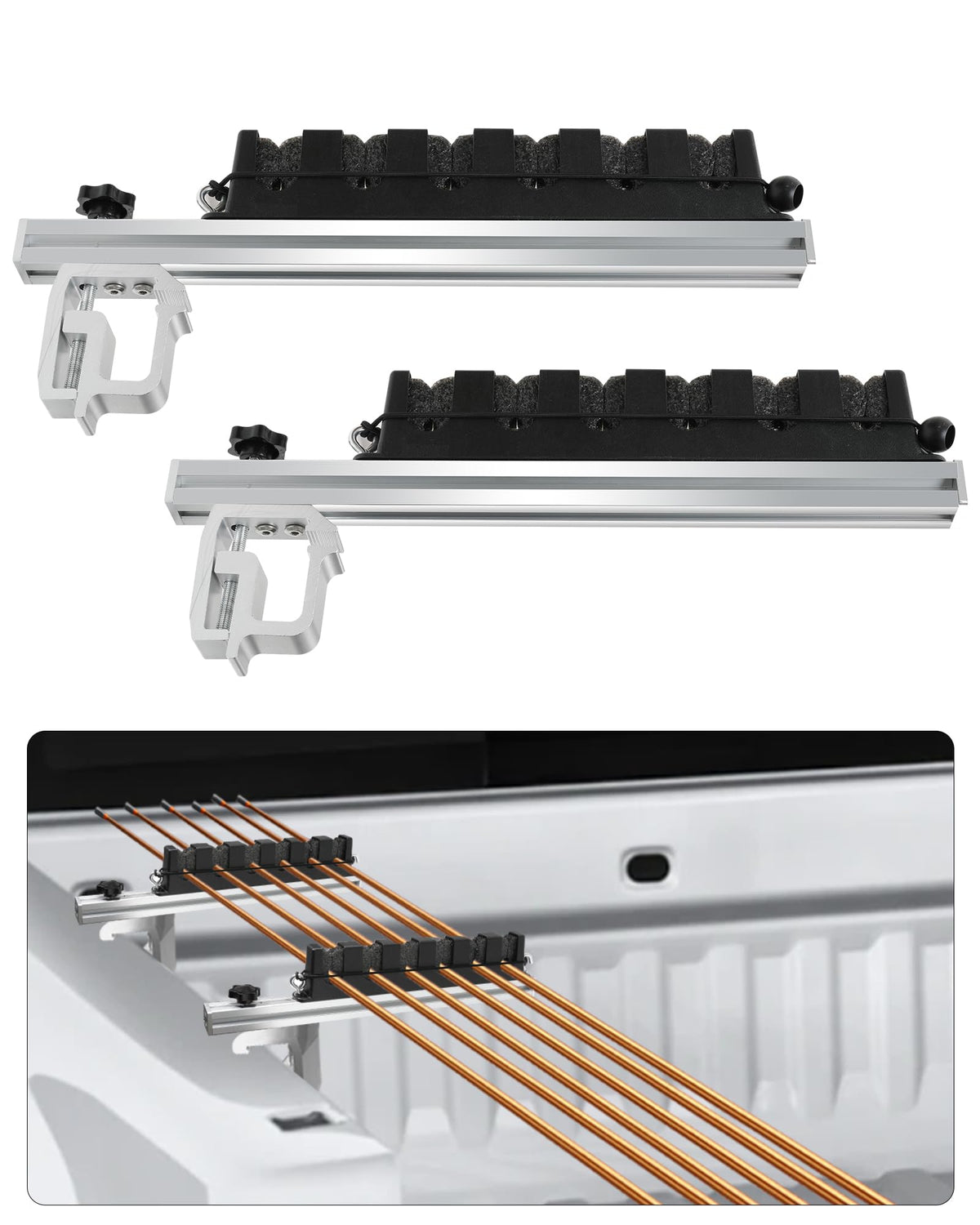 Krysolad truck bed rod holder shows six-rod setup for organized fishing gear.