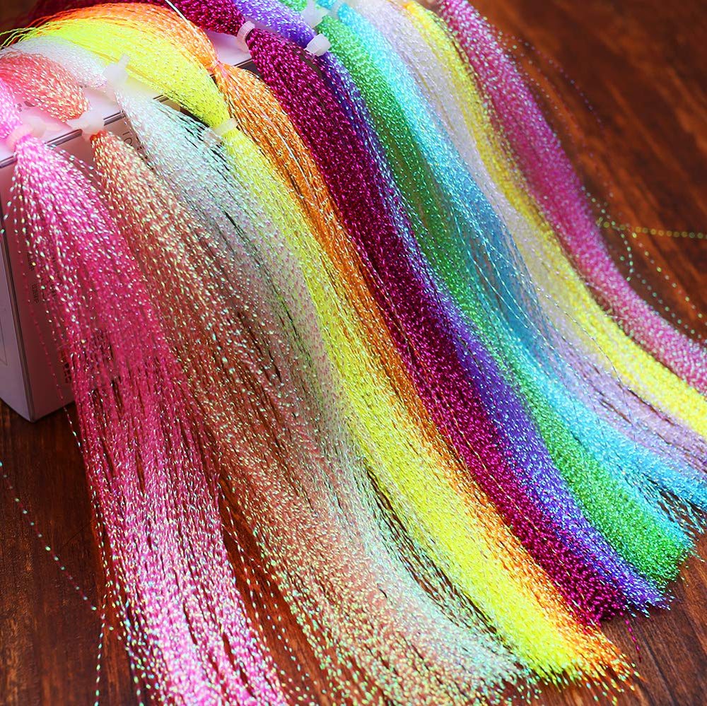 Close-up of pearl Krystal Flash strand for fly tying