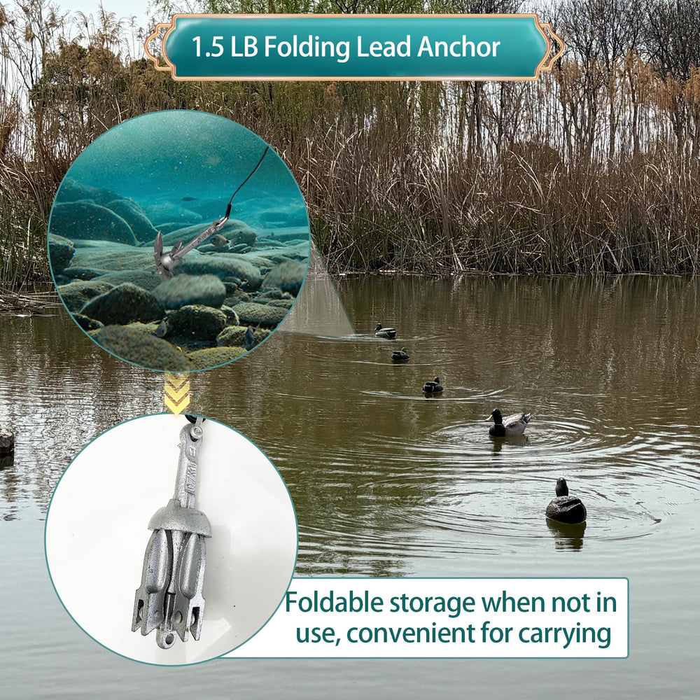 KSFTWUSOL waterfowl jerk rig includes 1.5-pound anchor for reliable mooring in shallow water.