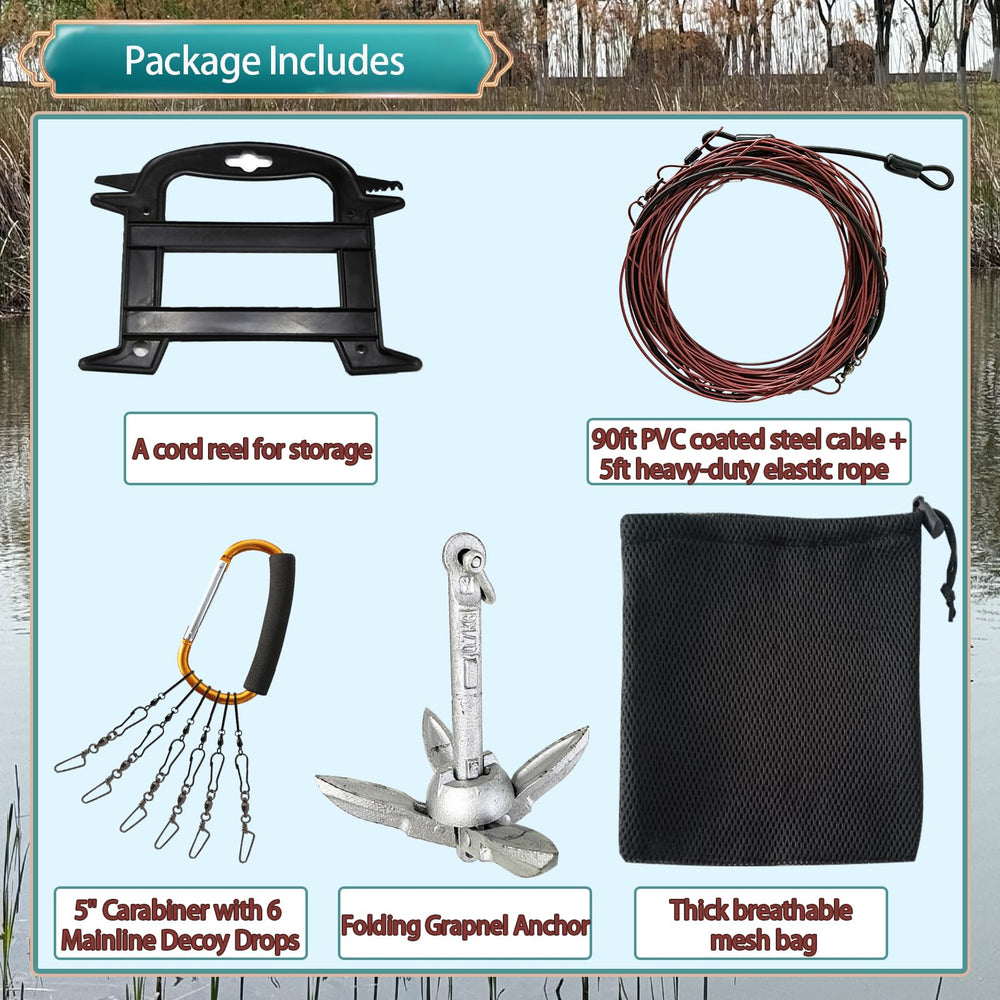 KSFTWUSOL waterfowl jerk rig shows 90' PVC-coated steel cable for durable, tangle-resistant lines.