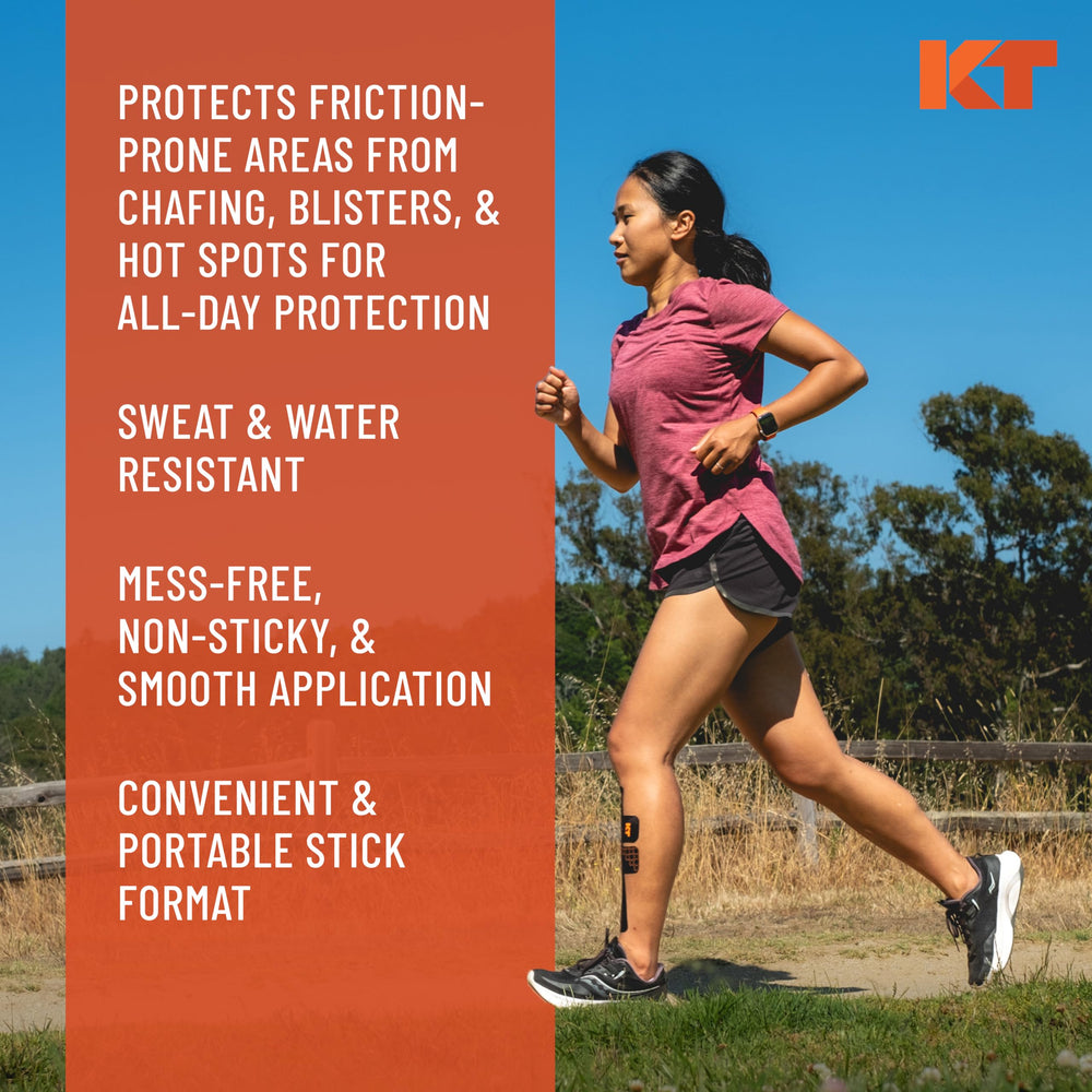 KT Tape Chafe Safe Balm stick in use for easy, adjustable protection.