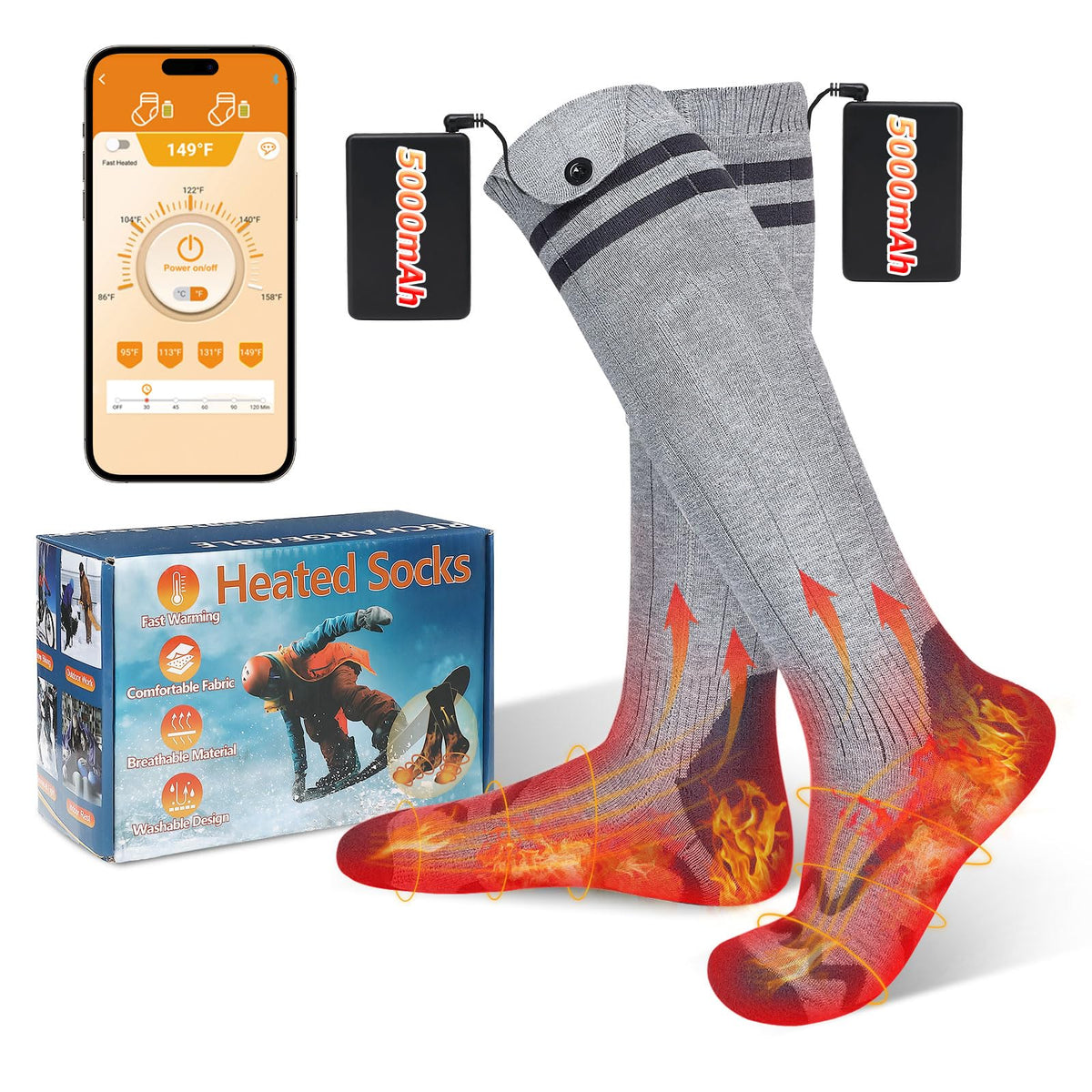 Kteniy heated socks with app control showing temperature options for precise warmth