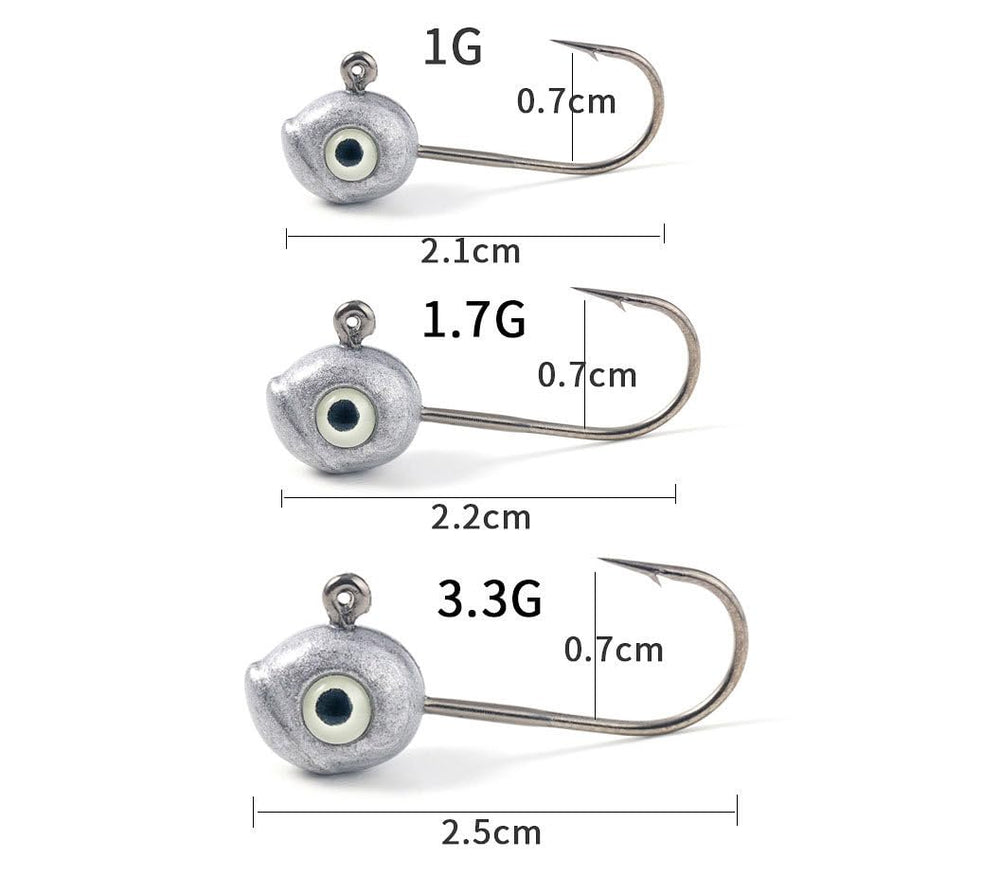 KTGCOZS jig heads with 3D eyes close-up highlighting eye detail to attract fish